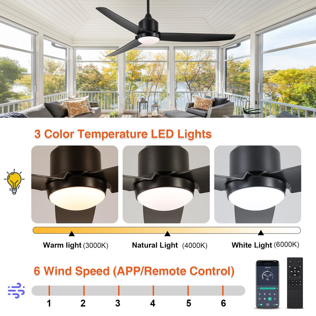 BZX Waterproof Outdoor Ceiling-Fan with Light - 52" Modern Ceiling Fans with 3 Colors LED Light, App & Remote Control, Quiet DC Motor, for Patios Gazebo, Black BZX