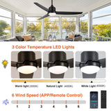 BZX Waterproof Outdoor Ceiling-Fan with Light - 52" Modern Ceiling Fans with 3 Colors LED Light, App & Remote Control, Quiet DC Motor, for Patios Gazebo, Black BZX