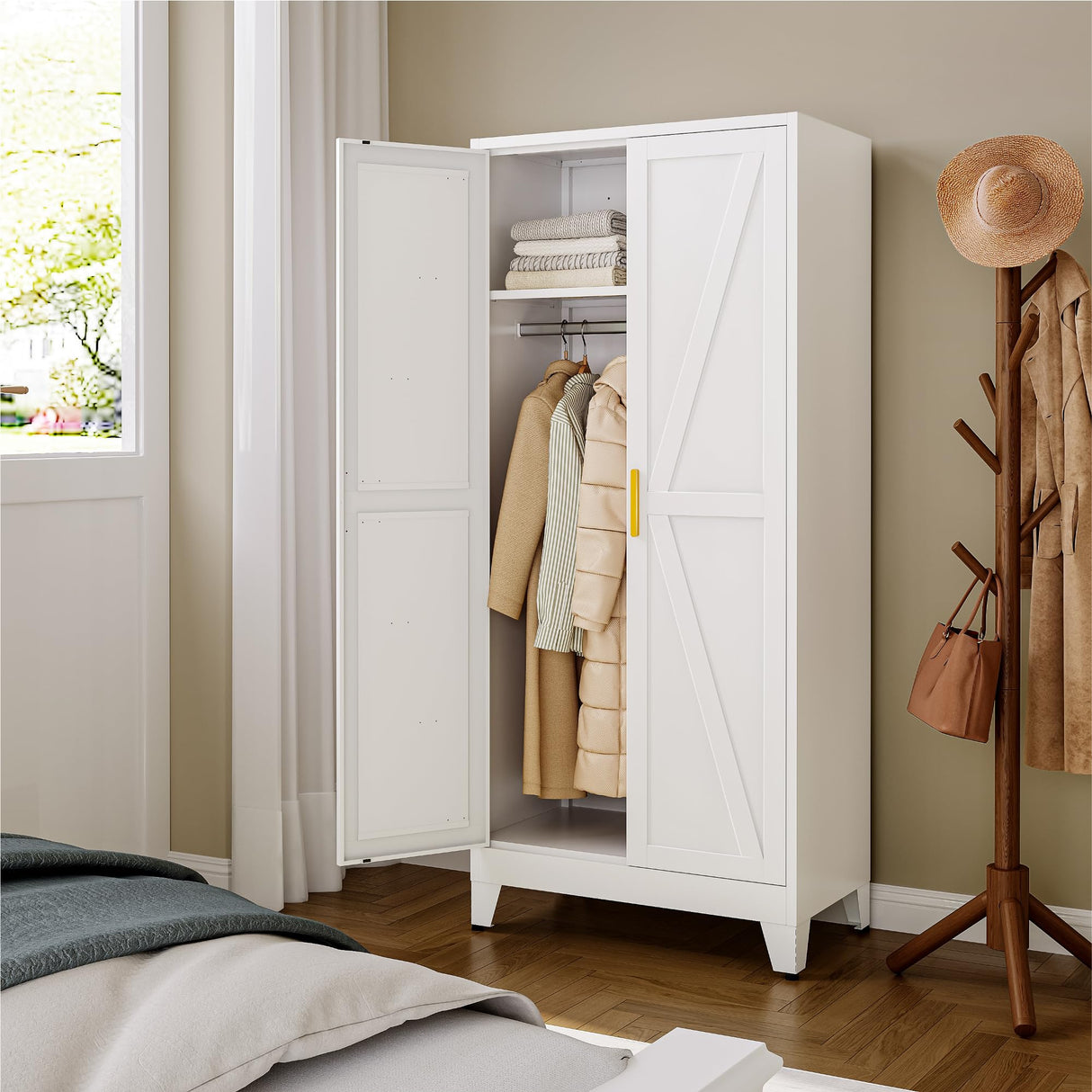 YAUWOH Farmhouse Wardrobe Cabinet,Metal Wardrobe Closet with Hanging Rod,Metal Armoire with Adjustable Shelves for Bedroom,Living Room, Cloak Room,Office (White) YAUWOH