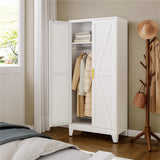 YAUWOH Farmhouse Wardrobe Cabinet,Metal Wardrobe Closet with Hanging Rod,Metal Armoire with Adjustable Shelves for Bedroom,Living Room, Cloak Room,Office (White) YAUWOH