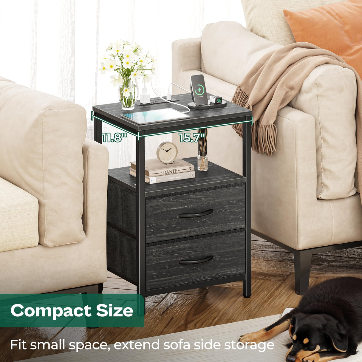 Huuger Nightstand with Charging Station, Side Table with Fabric Drawers, End Table with Open Shelf, Bedside Table with USB Ports and Outlets, Night Stand for Bedroom, Charcoal Black Wood Grain Print Huuger