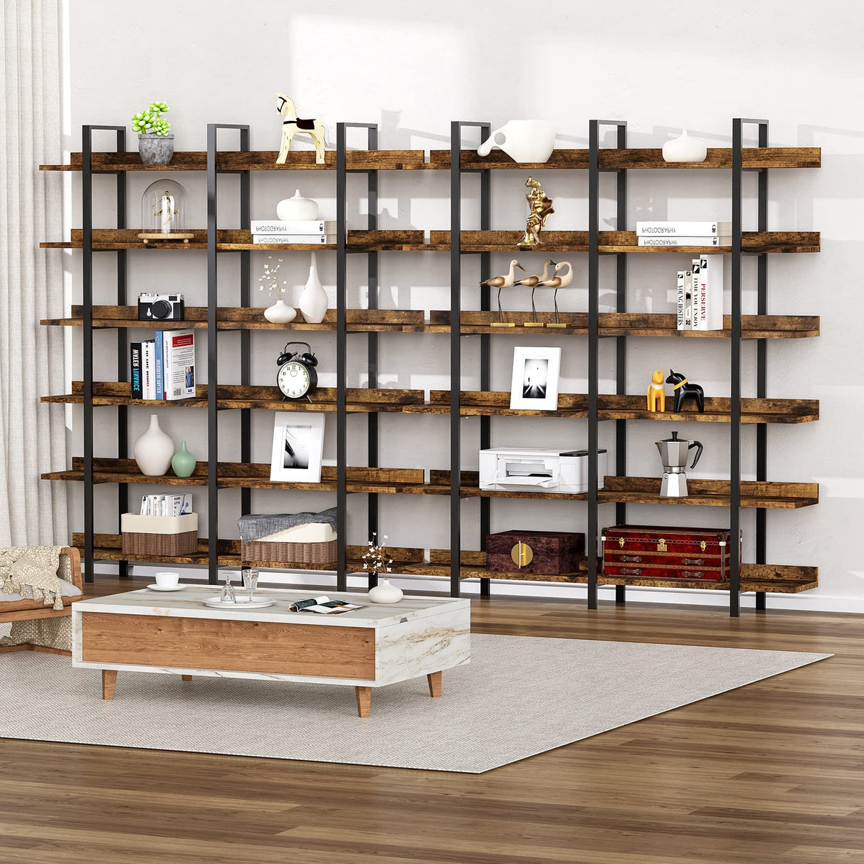 FRAPOW 83Inch Industrial Bookshelf and Bookcase, Double Wide 6 Tier Large Vintage Book Shelf with Metal Frame Open Bookshelves for Living Room Home Office FRAPOW