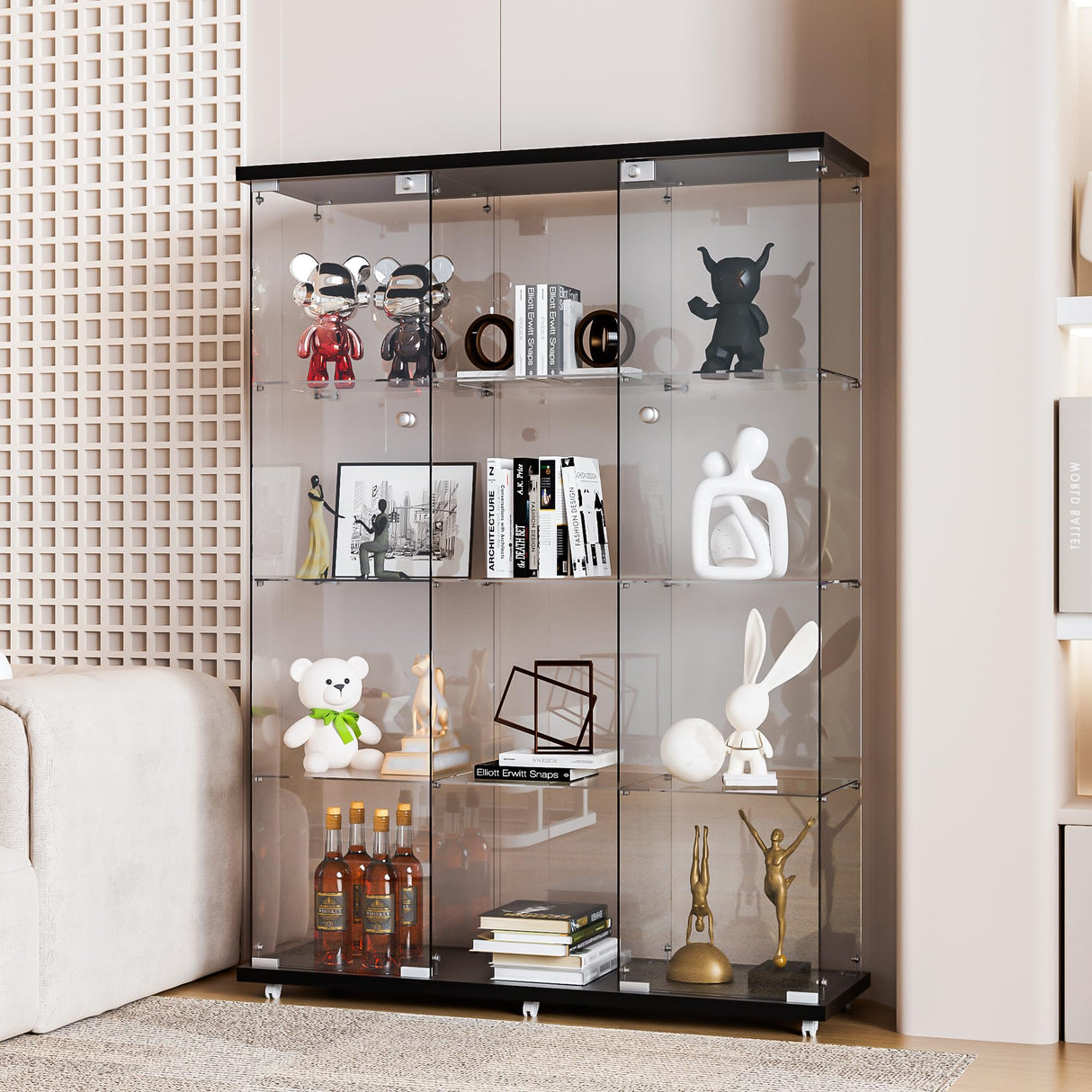 FANYUSHOW Glass Display Cabinet with 12 Shelves, 3 Columns and Lock, Extra Large DIY Curio Cabinets Quick-Install Style 5mm Tempered Glass Bookshelf for Living Room, Bedroom, Black FANYUSHOW