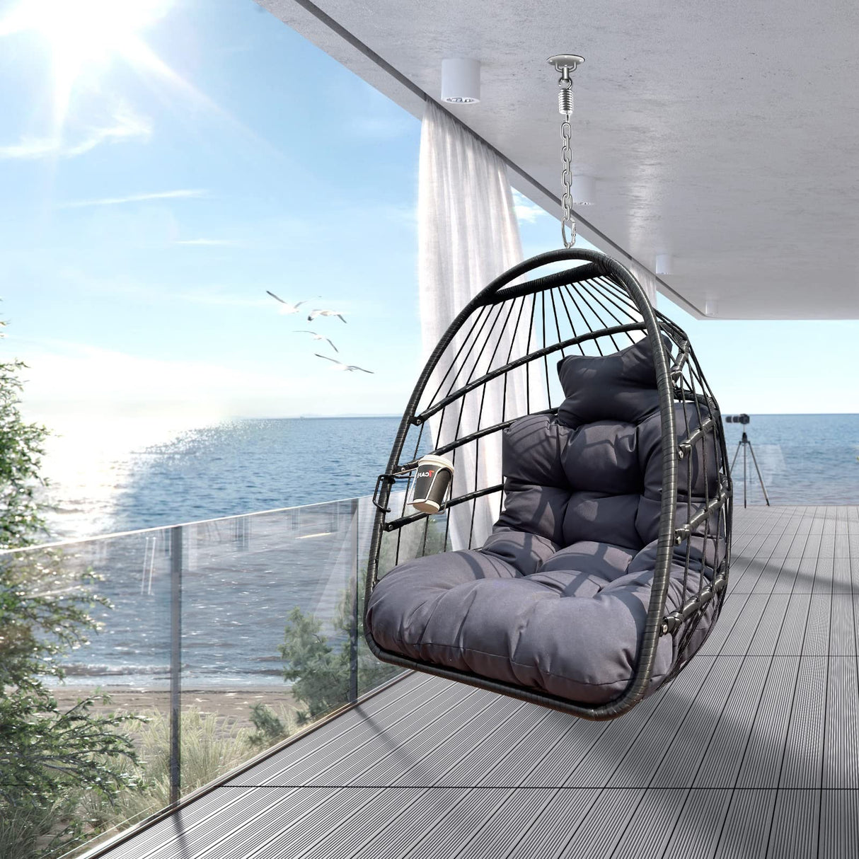 JESE Swing Hammock Egg Chairs Indoor Outdoor, UV Resistant Cushion Hanging Chair with Cup Holder, Foldable Frame 350lbs Capacity Wicker Hammock Chair for Patio Bedroom Balcony(Without Stand, Black) JESE