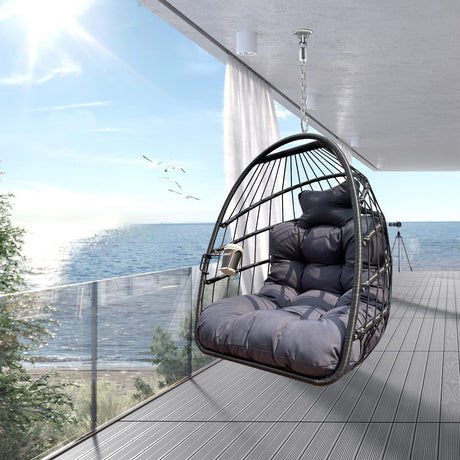 JESE Swing Hammock Egg Chairs Indoor Outdoor, UV Resistant Cushion Hanging Chair with Cup Holder, Foldable Frame 350lbs Capacity Wicker Hammock Chair for Patio Bedroom Balcony(Without Stand, Black) JESE