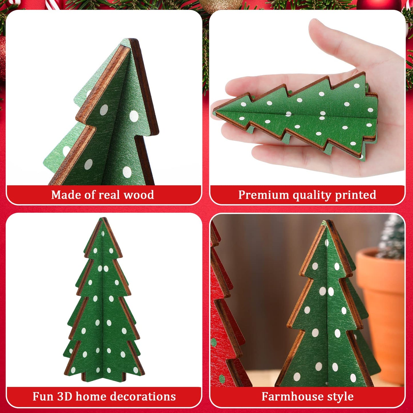 Christmas Decor 3 Pieces Wood Table Christmas Tree Rustic Christmas Tree Farmhouse Wooden Xmas Centerpiece for Table Small Table Christmas Trees Tiered Tray Decoration (3D Polka Dot Style)