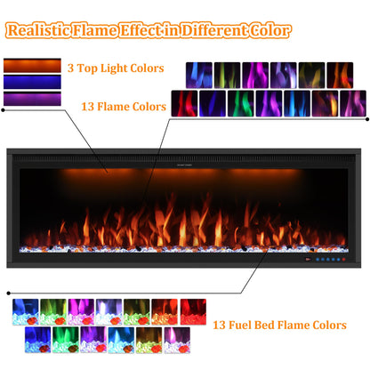 Benrocks 60'' WiFi- Enabled Electric Fireplace Inserts - Alexa & App Control, Slim Recessed & Wall Mounted, 13 * 13 * 3 Flame Color Combinations, 750W/1500W, Black