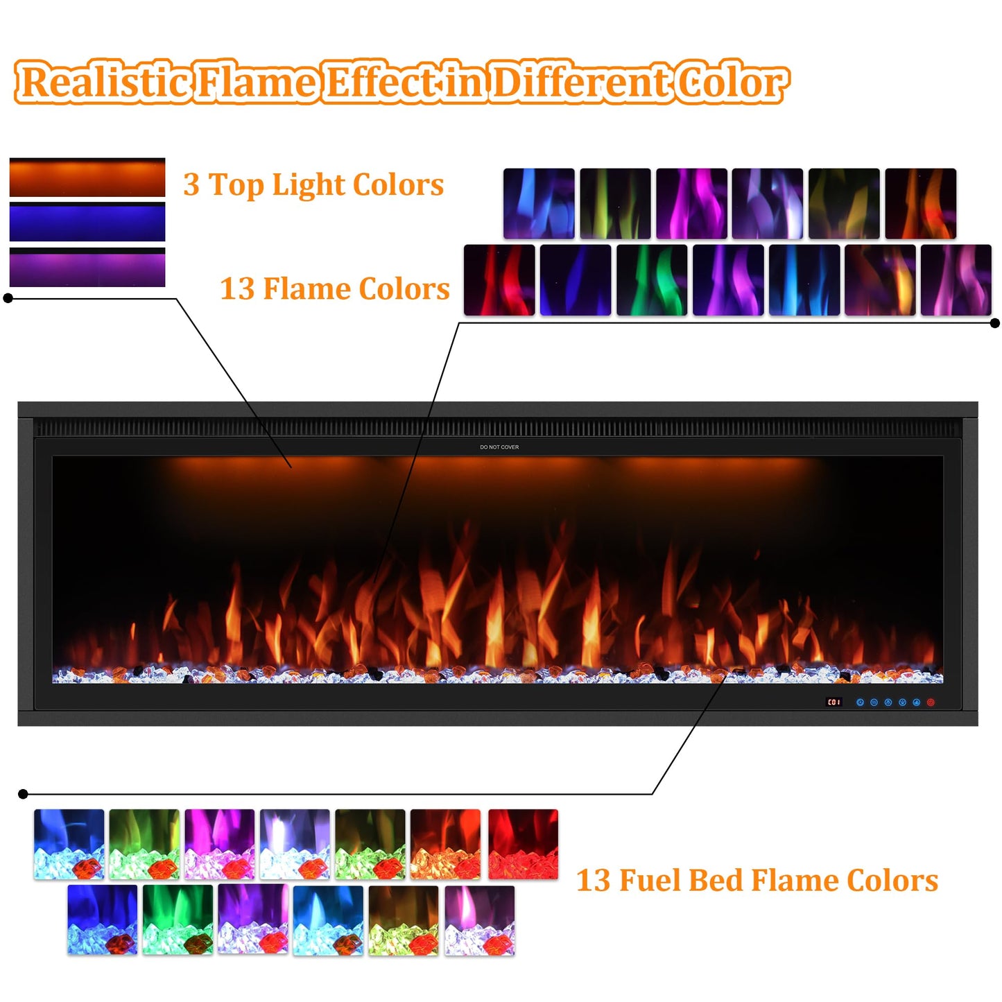 Benrocks 48'' WiFi- Enabled Electric Fireplace Inserts - Alexa & App Control, Slim Recessed & Wall Mounted, 13 * 13 * 3 Flame Color Combinations, 750W/1500W, Black