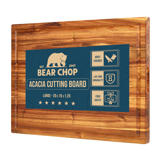 Bearchop Acacia Wood Cutting Boards for Kitchen, [20" x 15" x 1.25"] Large Edge Grain Cutting Boards, Solid Wood Butcher Block Cutting Board with Juice Grooves and Handle,Knife Friendly and Reversible