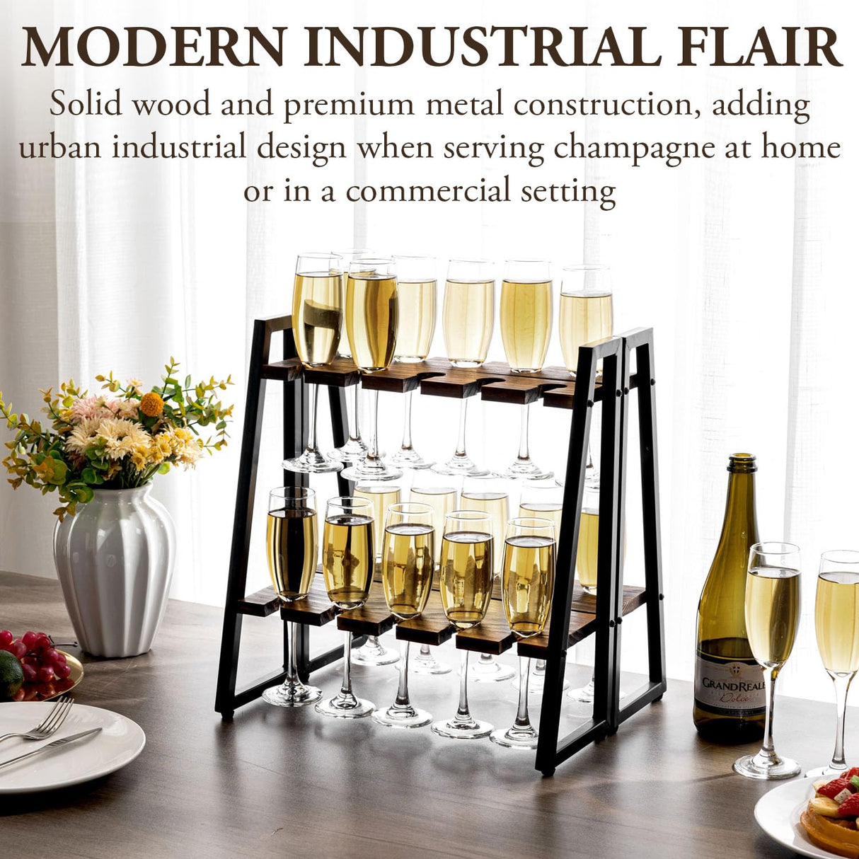 MyGift 2 Tier Rustic Brown Solid Wood Champagne Flute Stand with Industrial Matte Black Metal Frame, Tabletop Stemware Display Rack Fits up to 9 Inch Tall Glasses, Set of 2 MyGift