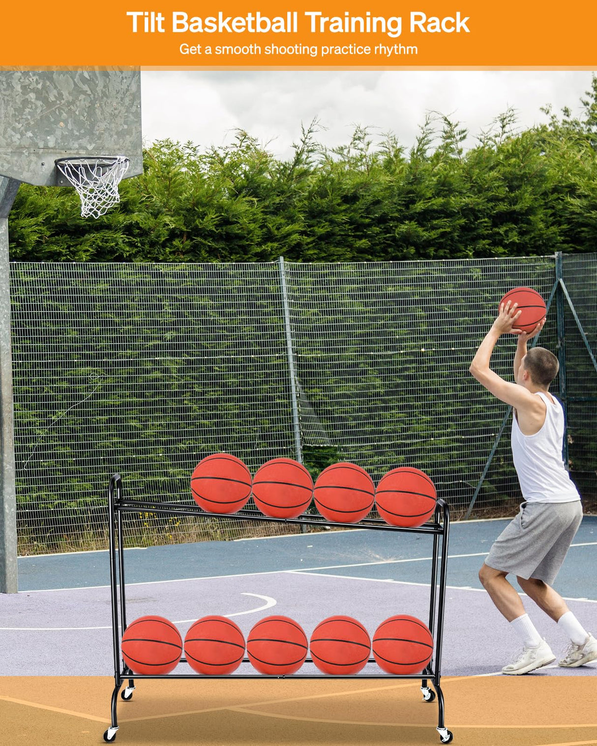 EXTCCT Tilt Basketball Rack Ball Storage Holder - Tilt Basketball Shooting Training Rack, Garage Sports Equipment Organizer, Outdoor and Indoor Rolling Balls Cart with Wheels EXTCCT