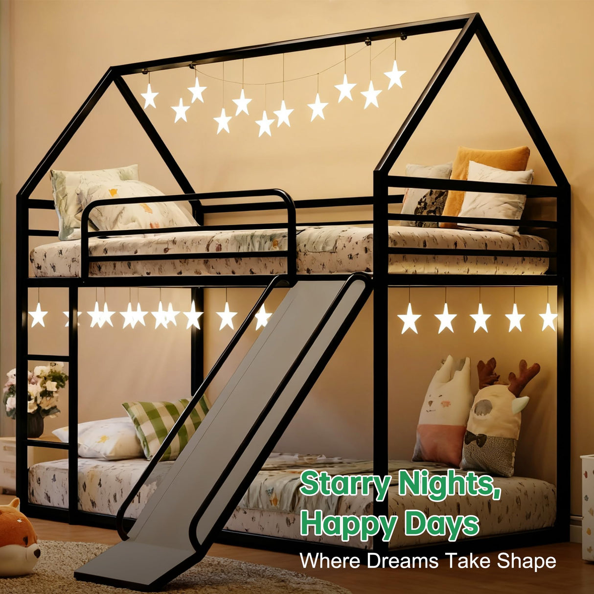 Lodoba Twin Over Twin Low Bunk Bed with Convertible Slide, Bunk Bed for Kids,Montessori Floor Bunk Bed Frame with Full-Length Guardrail,Floor bunk Bed for Boys Girls Teens,Light Black Lodoba