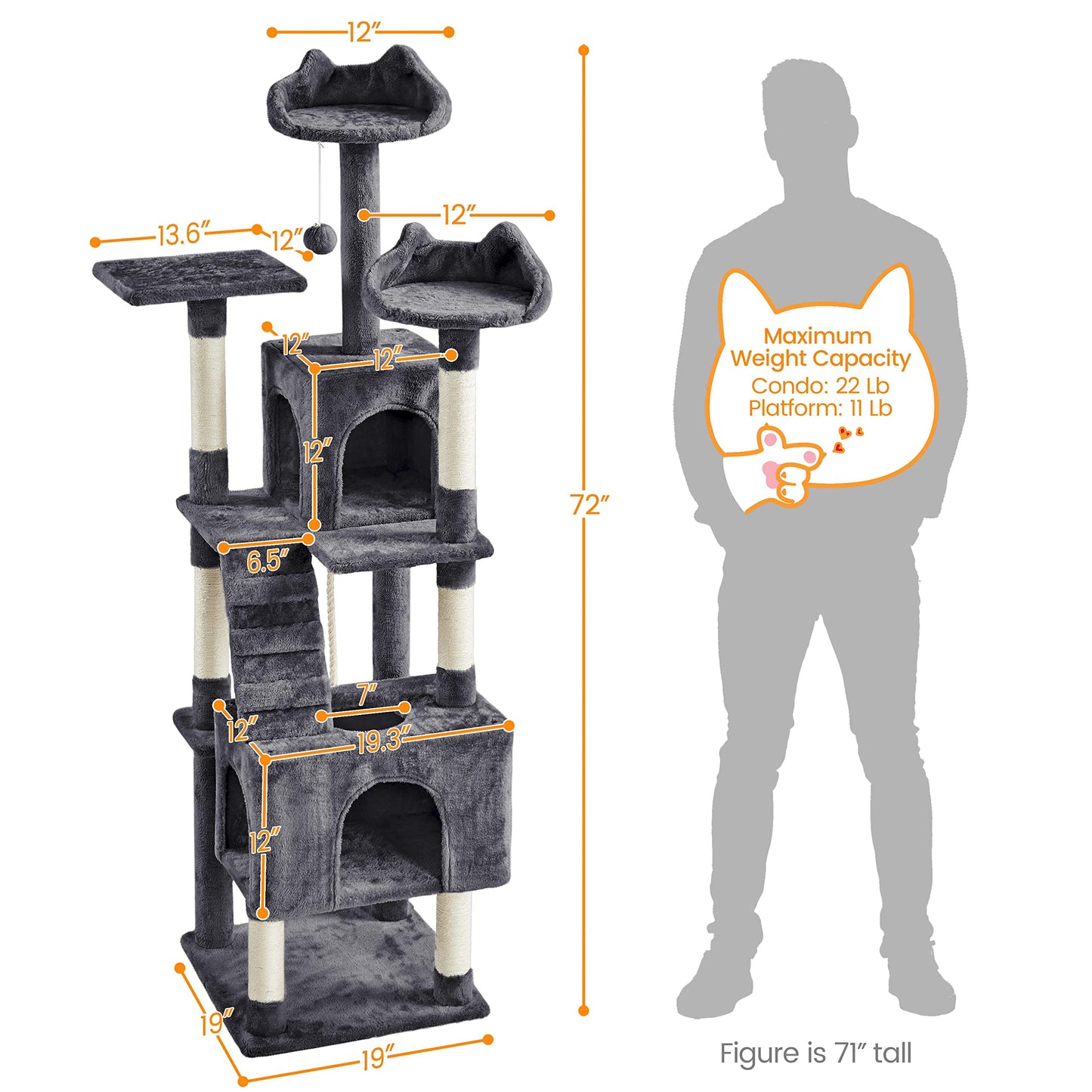 Yaheetech XL Cat Tree, 72in Multi-Level Cat Tower with 2 Cozy Caves, 3 Soft Perches, Scratching Posts, Board, and Dangling Ball, Cat Furniture Cat Play House Kittens, Dark Gray