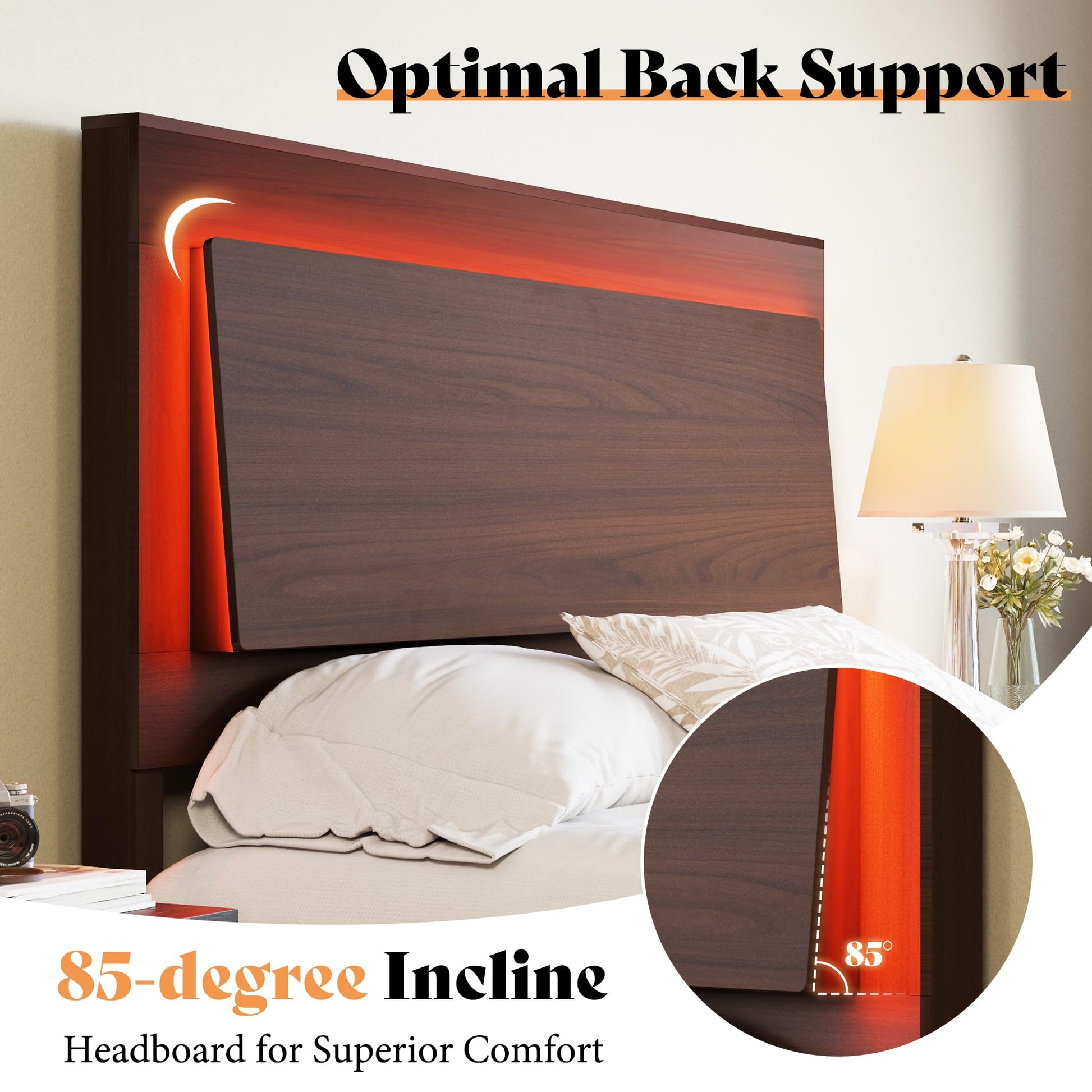 AMERLIFE Rustic Wood Full Bed Frame with LED Headboard and Supportive Slats, Red Brown - WoodArtSupply