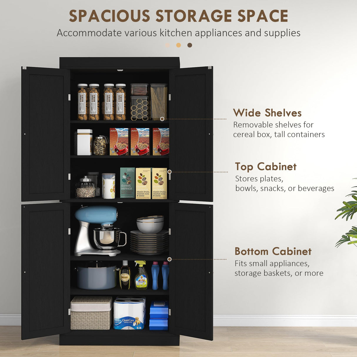 HOMCOM 72.5" Freestanding Kitchen Pantry Cabinet, Tall Storage Cabinet with 4 Doors and 2 Adjustable Shelves for Dining Room, Black Wood Grain HOMCOM