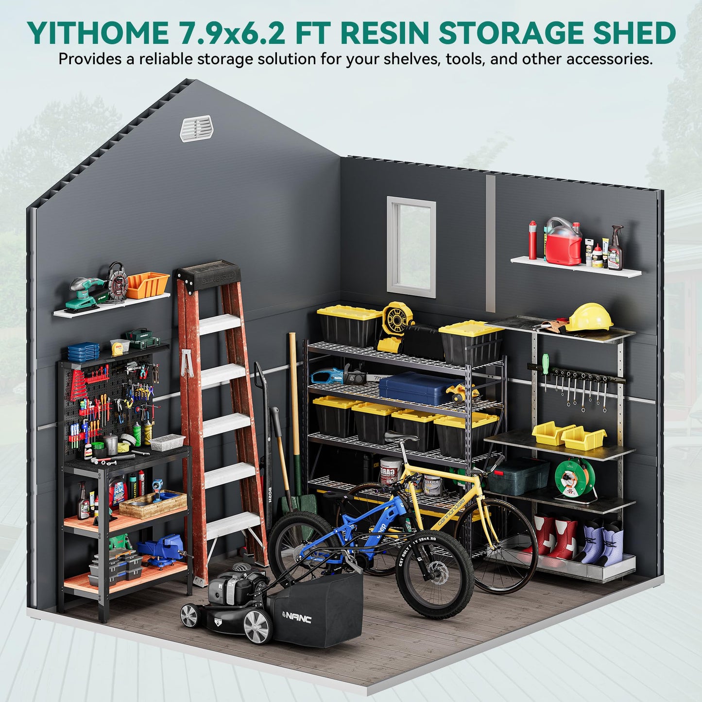 YITAHOME 8x6.2FT Outdoor Resin Storage Shed w/o Floor, All-Weather Plastic Shed with Lockable Doors, Window & Vents, Plastic Tool Shed for Backyard, Patio, Poolside, Lawn, Dark Gray - WoodArtSupply