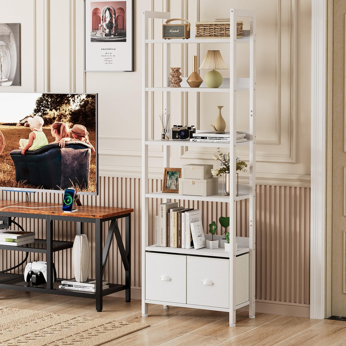 Furologee White 6 Tier Bookshelf with Drawers, Tall 71" Bookcase with Shelves, Modern Wood and Metal Bookshelves Storage Organizer, Display Free Standing Shelf Unit for Bedroom, Living Room, Office Furologee