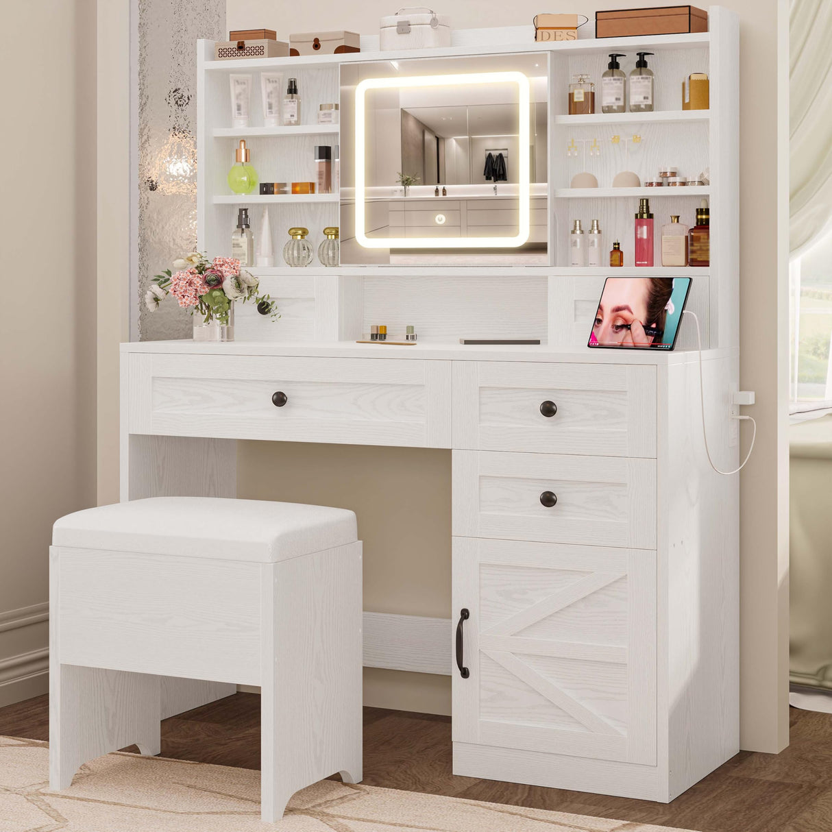 IRONCK Vanity Desk with LED Lighted Mirror, Large Storage Makeup Vanity Table with 5 Drawers, Cabinet, 7 Open Shelves, Power Outlet, Storage Stool, Bedroom, White IRONCK
