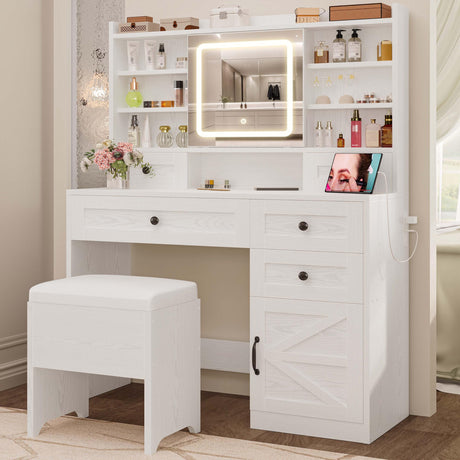 IRONCK Vanity Desk with LED Lighted Mirror, Large Storage Makeup Vanity Table with 5 Drawers, Cabinet, 7 Open Shelves, Power Outlet, Storage Stool, Bedroom, White IRONCK