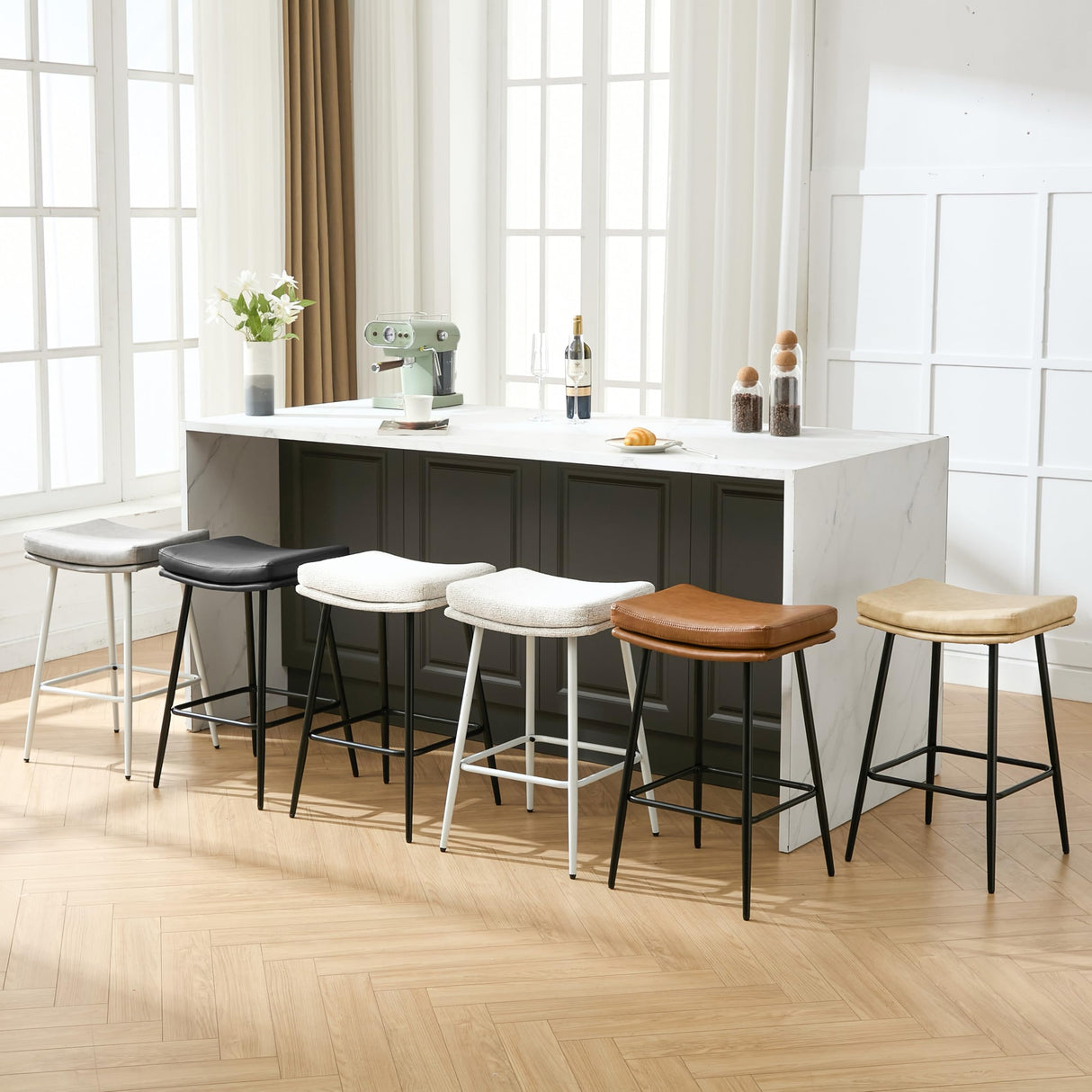 Solstrand Saddle Bar Stools Set of 3,Counter Height Bar Stools for Kitchen Counter Farmhouse Modern Faux Leather Barstools with Upholstered Backless Seat and Solid Metal Legs, 26" Bar Chairs, Brown Solstrand