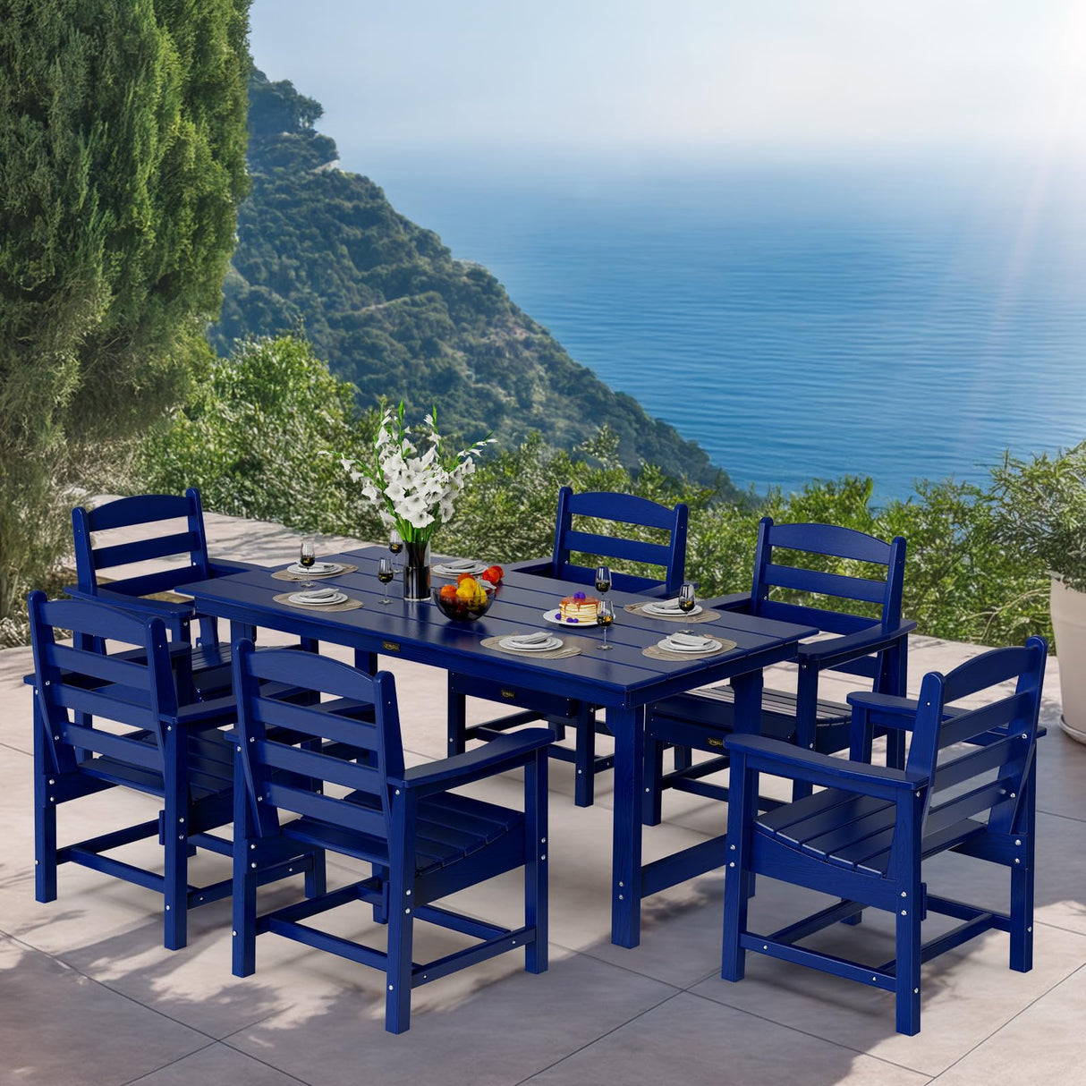 VINGLI 7-Piece Outdoor Patio Dining Set, HDPE All-Weather Rectangular Table with Umbrella Hole & 6 Patio Dining Chairs, Durable Patio Furniture for Backyard, Garden, Pool (Navy Blue, 7 Piece) VINGLI