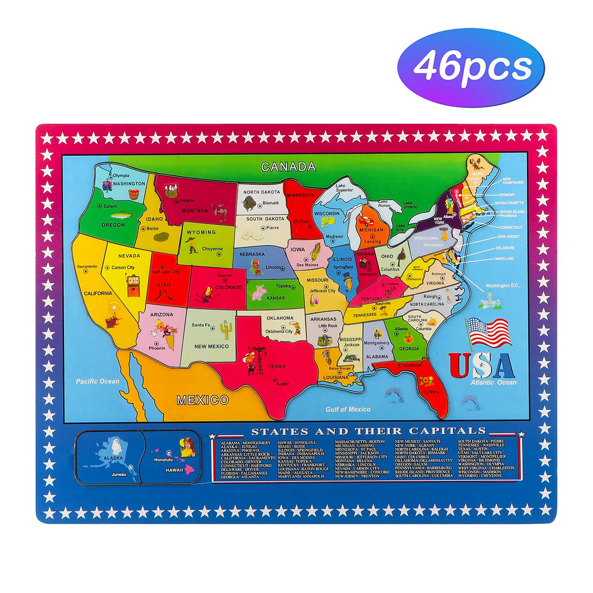 Wondertoys 46 Pieces Wooden USA Map Puzzle for Kids US Map Puzzle Educational Geography Puzzles United States Map Puzzle for Boy Girl Wondertoys