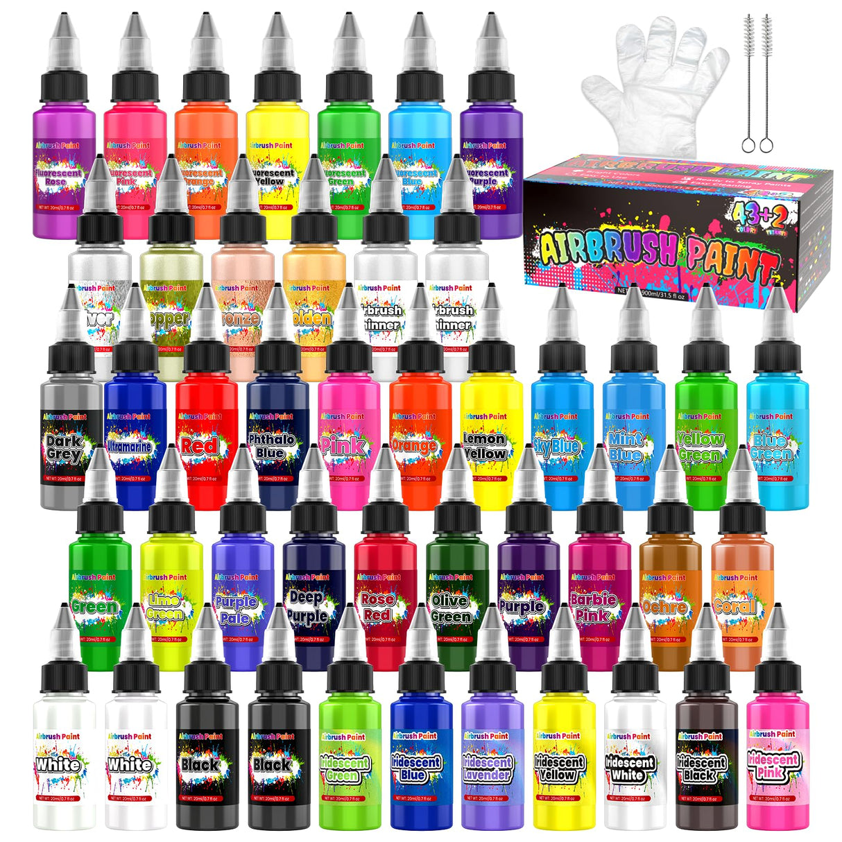Airbrush Paint - 43 Colors Air Brush Paint Set with 2 Thinners, Ready to Spray Acrylic Pigments for Paintings, Water-Based Acrylic Dye for Metal, Plastic, Canvas, Wood, Leather, Shoes - 20ml/Bottle ART Hoom