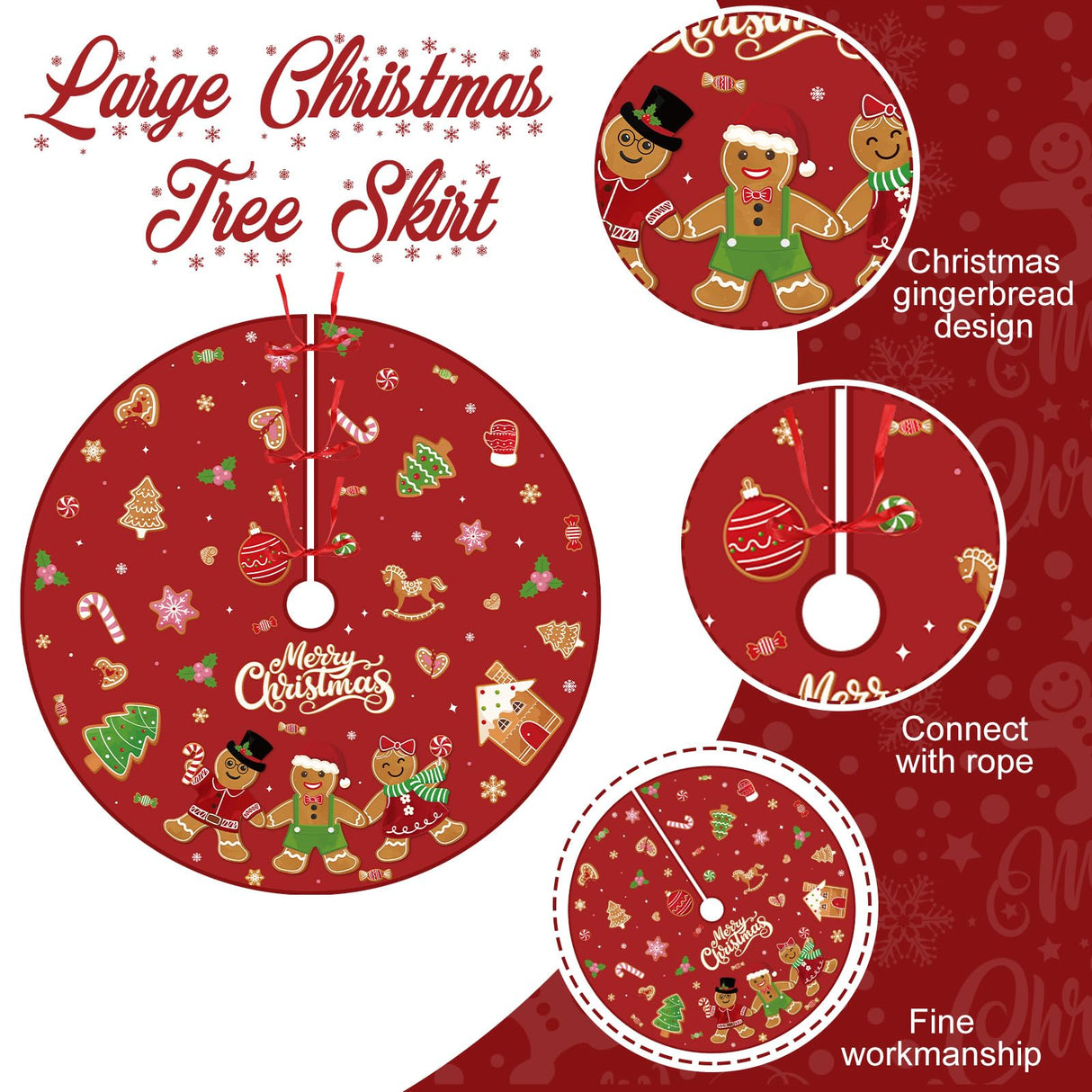 Marspark Merry Christmas Tree Skirt 48 Inch Gingerbread Man Christmas Tree Mat with Cute Candy Cane Snowflakes Xmas Ornaments for Winter Holiday Xmas New Year Party Decor Supplies(Red) Marspark