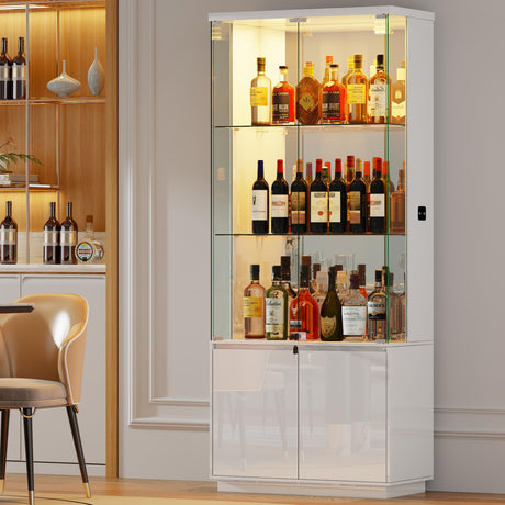 HNEBC 71'' Display Cabinet with Glass Doors&3 Color Lights&Lockable for Bedroom White,High Gloss Curio Cabinet with Adjustable Glass Shelf 3-Tier Bookcase for Living Room HNEBC
