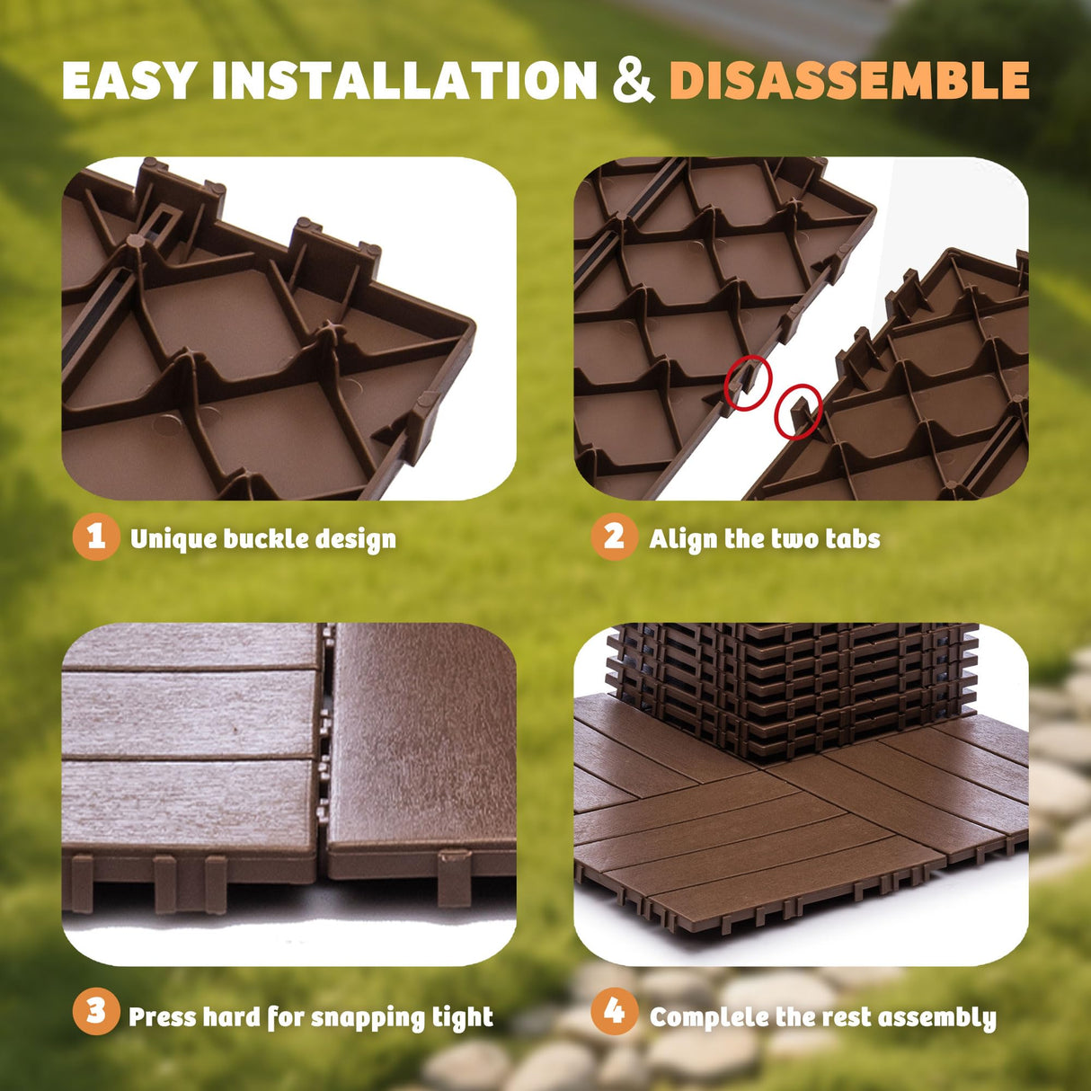 76 Pack Interlocking Deck Tiles, 11.42"x11.42" (68.80 Sq.Ft), 3D Wood Grain Plastic, Waterproof All-Weather Anti-Slip Outdoor Flooring, Easy-Snap Patio Balcony Backyard Garden Tiles, Brown UXENAFANA