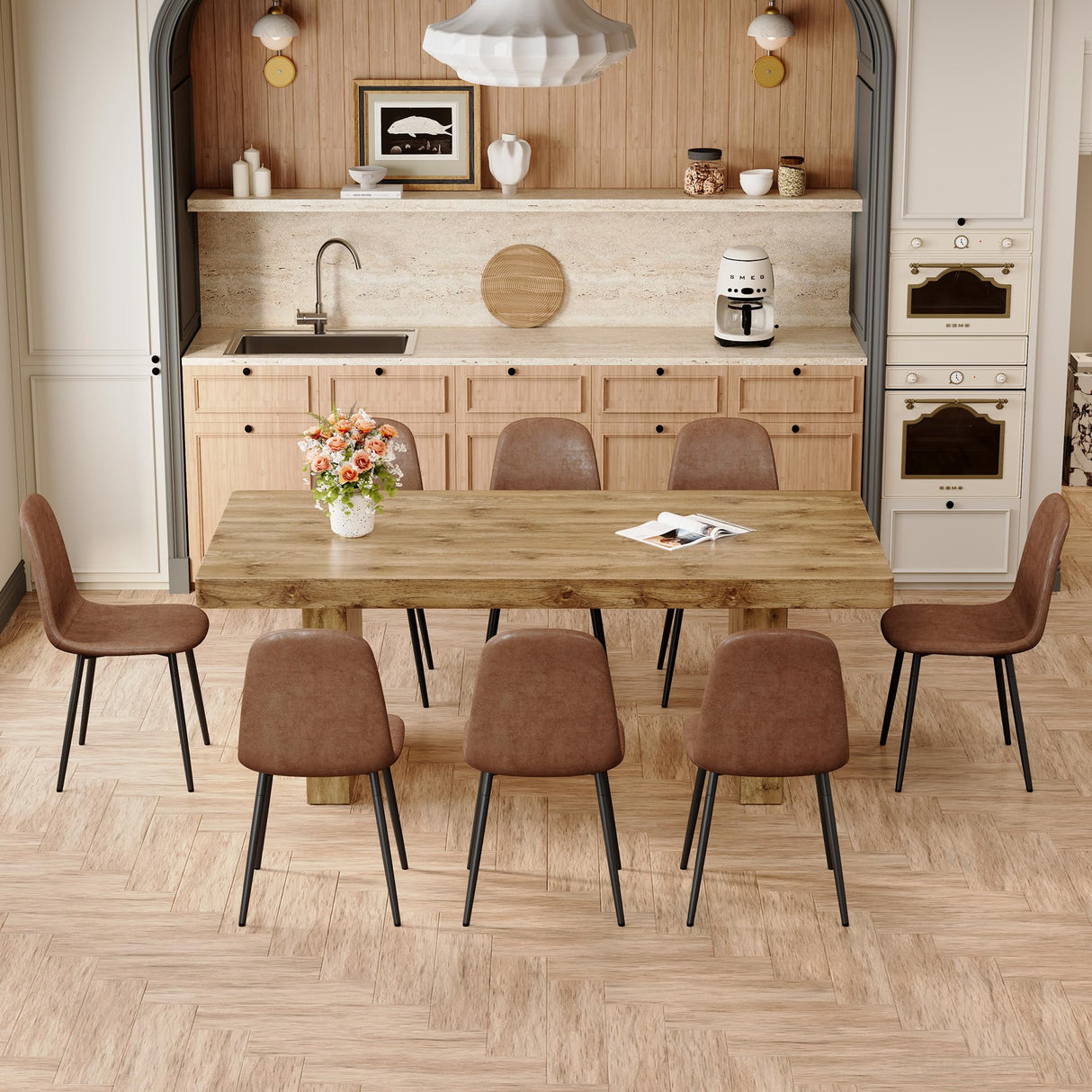 Ganooly Dining Table Set for 8, 78.7" Large Wood Dinner Set for 8 with Faux Leather Chairs, 8 Seater Modern Dining Room Table Sets for Kitchen, Farmhouse Ganooly