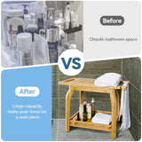 2-Tier Bamboo Shower Bench for Inside Shower Shaving Legs, 25 Inch Waterproof Bathroom Bench Shower Stool with Storage Shelf, Safe & Stable for Seniors Adults Disabled Women KingPavonini