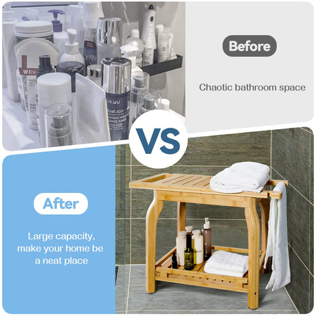 2-Tier Bamboo Shower Bench for Inside Shower Shaving Legs, 25 Inch Waterproof Bathroom Bench Shower Stool with Storage Shelf, Safe & Stable for Seniors Adults Disabled Women KingPavonini