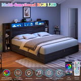 LUXOAK Queen Size Lift Up Bed Frame with Bookcase Headboard & 2 Side Shelf, Farmhouse Storage Bed with LED Light and Charging Station, No Box Spring Needed, Noise-Free, Black Oak LUXOAK