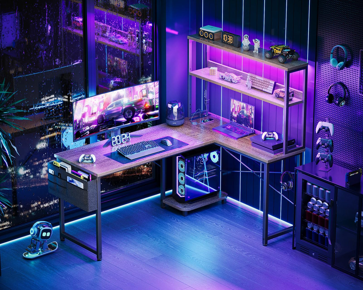 AODK L Shaped Desk Gaming Desk with LED Light & Power Outlet, 53 Inch Reversible L Shaped Computer Desk with Shelf, Corner Desk with Storage Bag&Hook for Home Office Desk, Grey Oak AODK