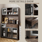 Fatmok Kitchen Pantry Cabinet, 71" Tall Liquor Cabinet with Glass Doors, Adjustable Shelves, Drawer, Coffee Bar Wine Cabinet with LED Lights, Power Outlet & Wine Rack, Buffet Cabinet with Storage Fatmok