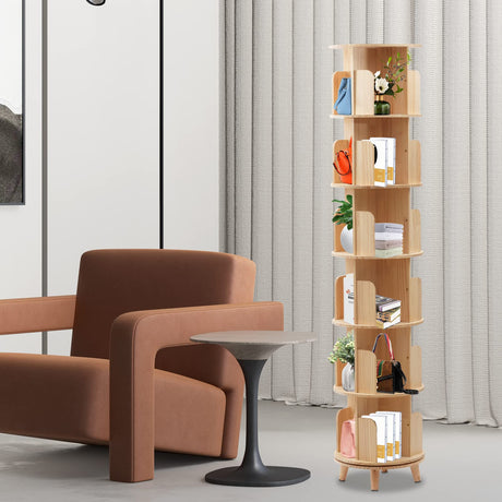 SHATUOA 360° Rotating Wood Narrow Bookshelf Organizer with 6 Tiers for Versatile Storage SHATUOA