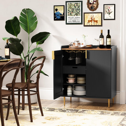 ARTPOWER Sideboard Buffet Cabinet with Fluted Texture, Modern Coffee Bar Cabinet with Wine Rack&Drawers, Black Liquor Cabinet for Kitchen Dining Room, Living Room