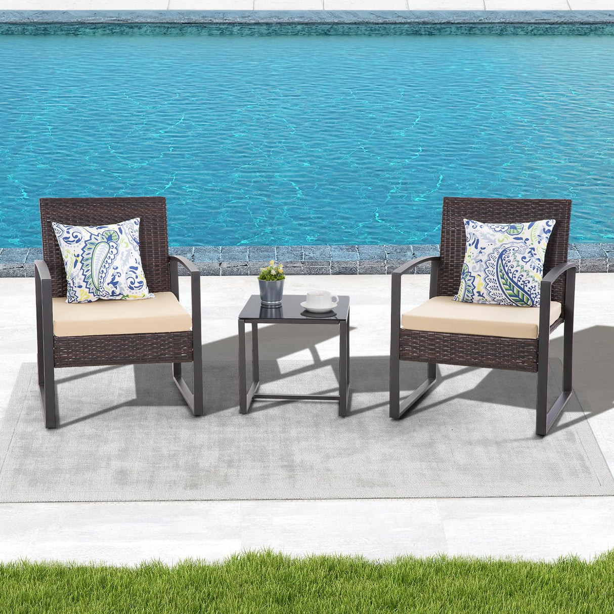HYDRAGARDEN 3PCS Patio Furniture Set, Outdoor Wicker Bistro Conversation Set with Padded Cushions & Glass Table, Garden Rattan Chair Set for Porch Balcony Backyard (Plus Brown Wicker & Brown Cushions) EARLGROVE
