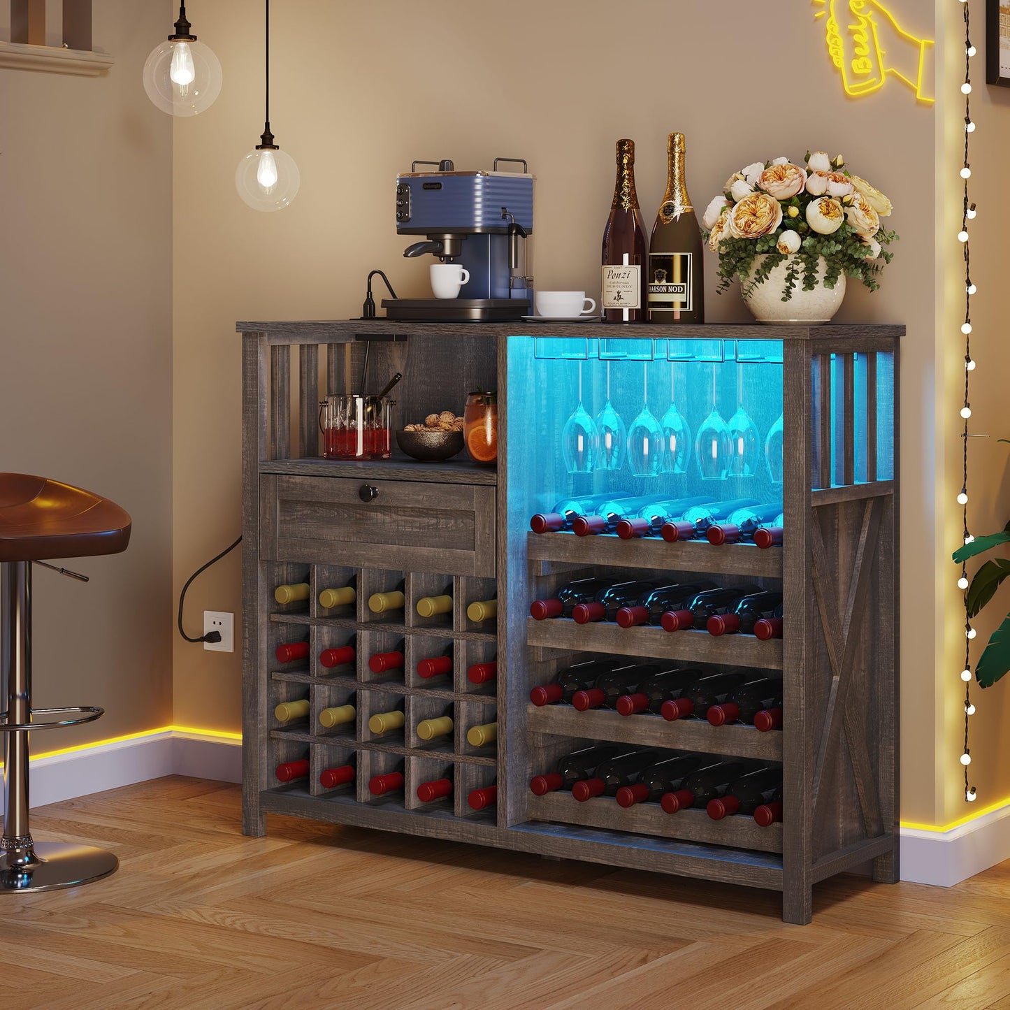 YITAHOME Wine Bar Cabinet with LED Light and Power Outlet 47" Home Coffee Bar with Wine Glass Rack Kitchen Buffet Sideboard with Storage Drawer Liquor Table for Living Dining Room Rustic Oak