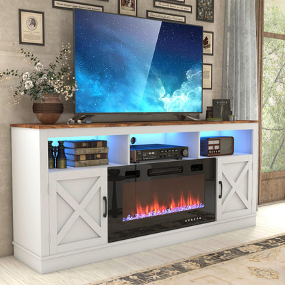 jiteentarou Farmhouse Fireplace TV Stand for 70/75/80 Inch TV, 32”Tall Entertainment Center w/ 36”Electric Fireplace & LED Light, 70”Media Console w/Barn Door Cabinet for Living Room, White