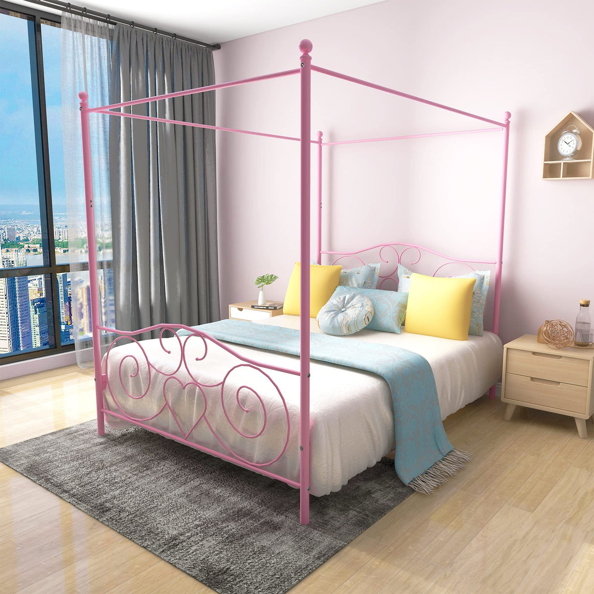 Albearing Canopy Bed Frame Platform Metal Bed Frame Heavy Duty Steel Slat and Support with Headboard and Footboard No Box Spring Required (Queen, Pink) Albearing