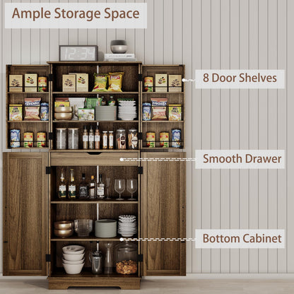 72" Kitchen Pantry Storage Cabinet, Freestanding Cupboard with 4 Barn Doors, Drawer and Adjustable Shelves, Wood Food Pantry for Kitchen, Bathroom, Dining Room, Brown