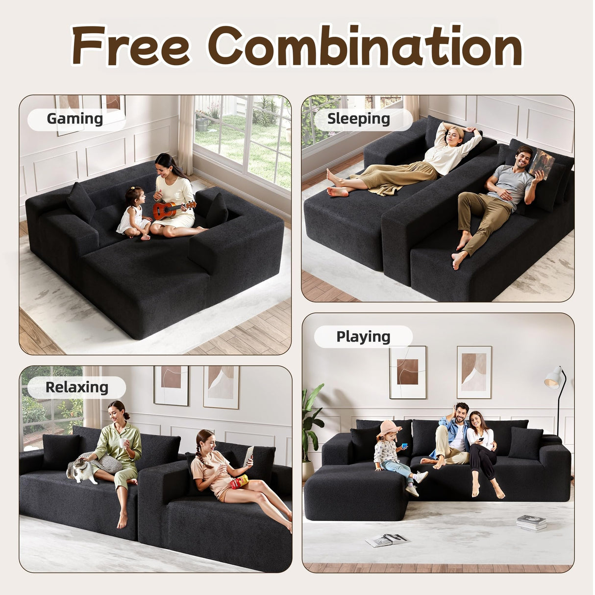 Trygoal L-Shape Cloud Sectional Sofa, 104” Modern Modular Boneless Couch with Right Chaise Lounge, Compressed Floor Sofa with 5 Pillows & Deep Seat, Rain Drop Velvet Couch for Living Room, Black Trygoal