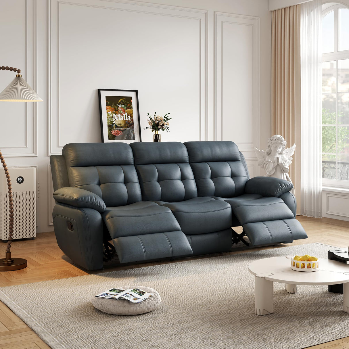 Familymill Genuine Leather Manual Reclining Sofa Couch with Drop Down Table, Stainless Steel Cupholders, and Magazine Bag for Living Room Home Theater Office Familymill