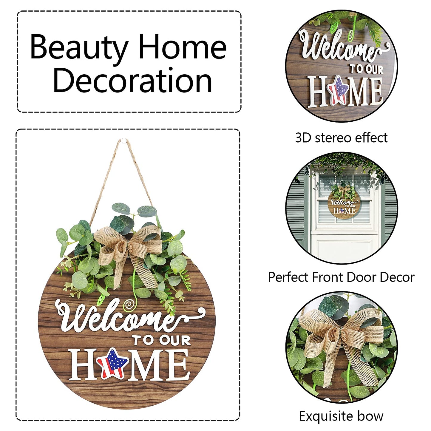 Interchangeable Seasonal Welcome Sign Front Door Decoration, Rustic Round Wood Wreaths Wall Hanging Outdoor, Farmhouse, Porch, for Spring Summer Fall All Seasons Holiday Halloween Christmas.