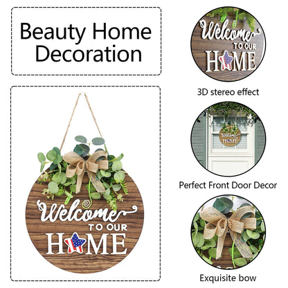 Interchangeable Seasonal Welcome Sign Front Door Decoration, Rustic Round Wood Wreaths Wall Hanging Outdoor, Farmhouse, Porch, for Spring Summer Fall All Seasons Holiday Halloween Christmas.