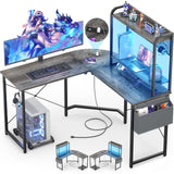 Small L Shaped Gaming Desk with Power Outlets, Corner Gaming Desk with LED Light, Reversible L-Shaped Desk with Monitor Stand & Hutch, L Shaped Desk Home Office Desk with Storage Bag, Grey Besiost