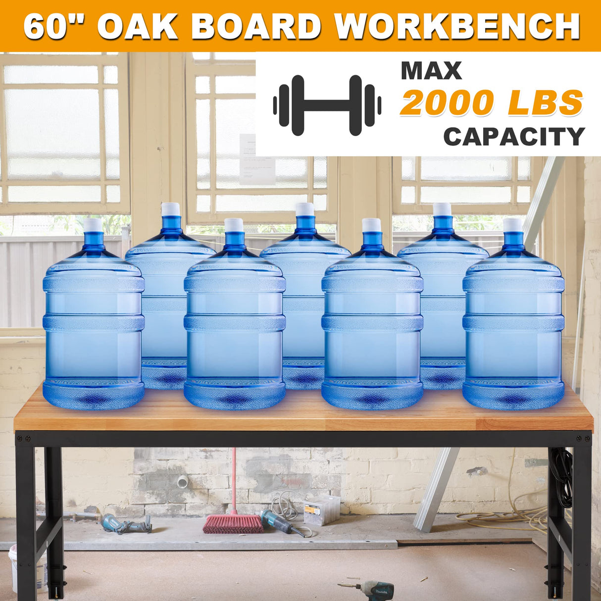 AHB 60" Workbench Adjustable Height, Oak Wood Work Table with Power Outlets, Max 2000 LBS, Heavy Duty Work Bench for Garage Party Shop Office AHB