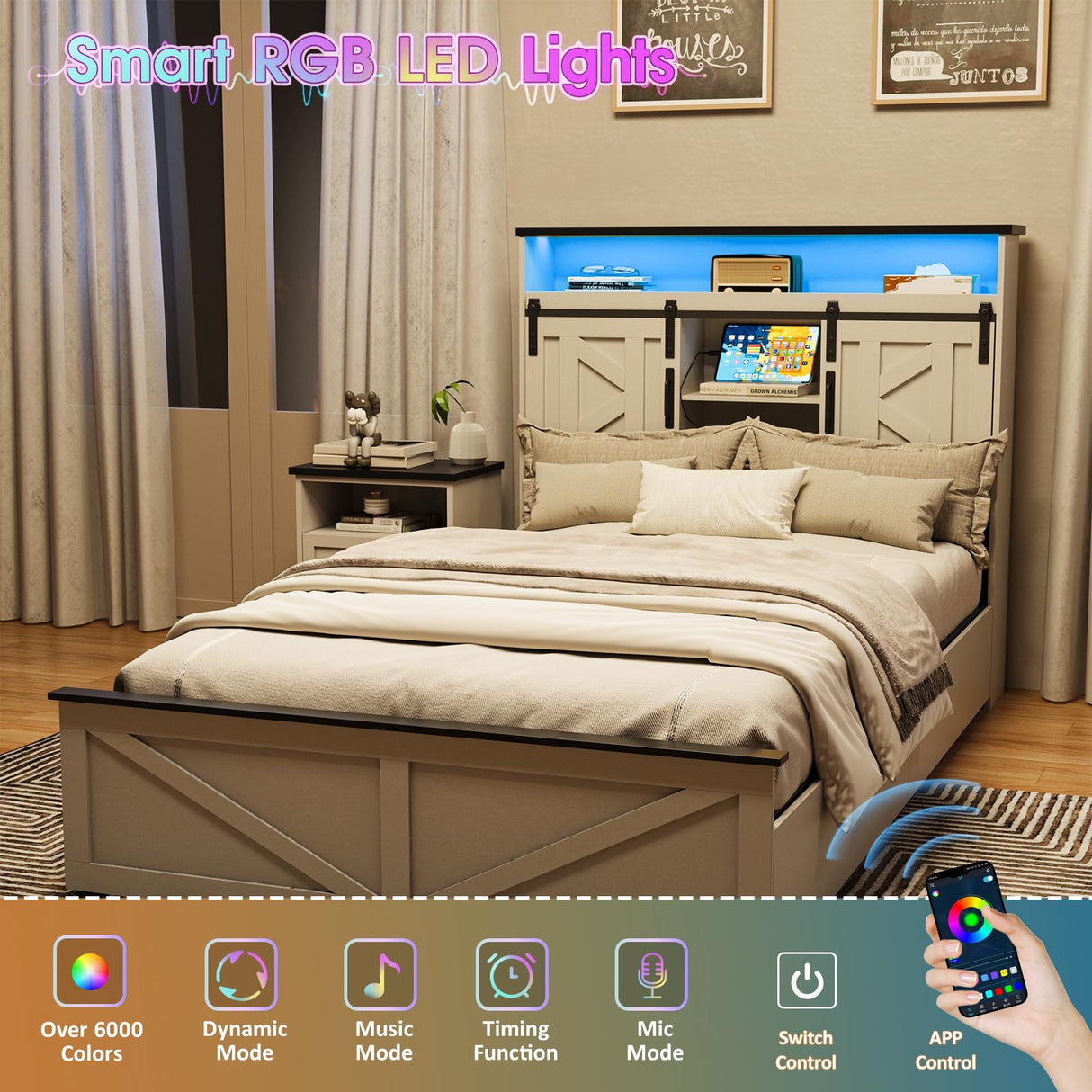 Fameill Farmhouse Twin Size Bed Frame with 4 Drawers and Bookcase Headboard, Sliding Barn Door Storage Shelves, LED Lights and Charging Station, No Box Spring Needed, Antique White Fameill